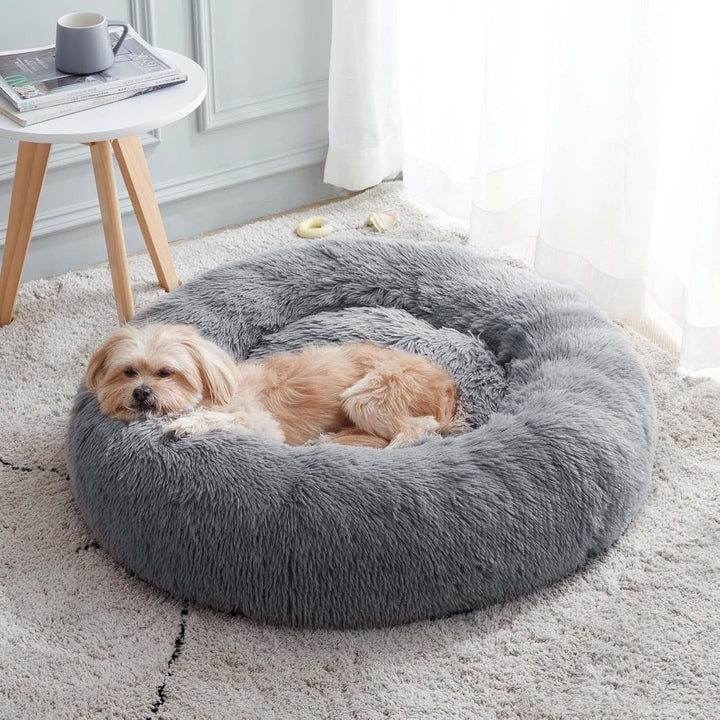 Calming Soft round Dog & Cat Bed, Anti-Anxiety Donut Cuddler Warming Cozy Fluffy Faux Fur Plush Cushion Bed for Small Medium Dogs and Cats (20"/24"/27"/30"), Light Grey