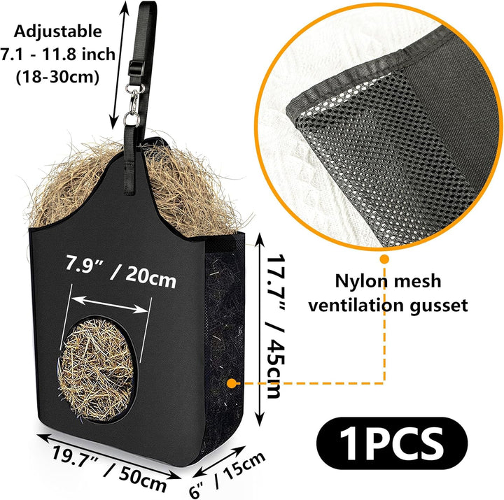 Hay Bag Hanging Goat Feeder Tote Premium Oxford Cloth with Metal Ring and Adjustable Strap for Horses Donkeys Cows Alpacas Ostriches or Other Animals Black