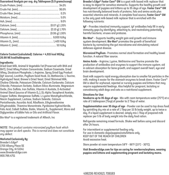 Breeder'S Edge Foster Care GM - Goat Milk Based Powdered Milk Replacer - Puppies , Kittens , Cats & Dogs Formula - Easy Digestion - 1 Lb