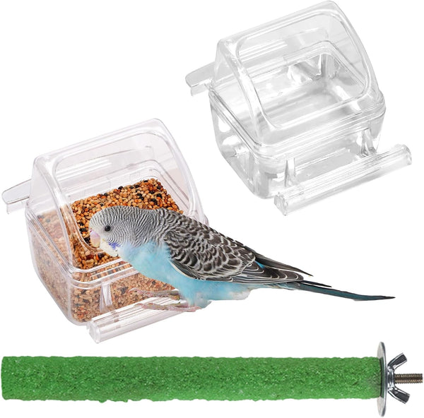 2 Pack Clear Water Bowl and Food Container - Bird Cage Feeder with Perch for Parakeets - No Mess Design
