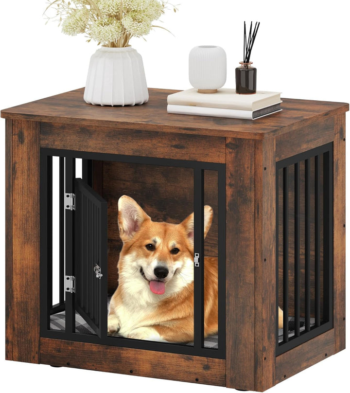 27.2" L Dog Crate Furniture for Medium Dogs, 2-In-1 Iron-Wood Fusion Dog Cage Indoor up to 30 Lb, Side End Table, Modern Dogs Kennel with Waterproof Top, Safety Corners,Steel Lock,Rustic