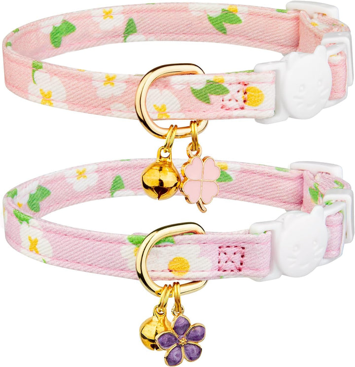 2 Pack Cotton Breakaway Cat Collar Pink Strawberries and White Heart Shaped Pendant Cute Kitten Cat Collar with Bell