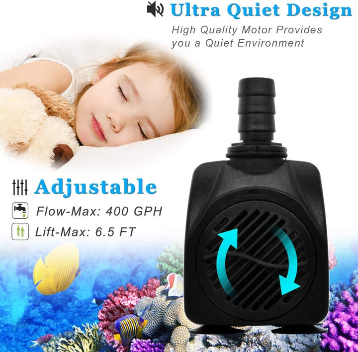 400GPH Submersible Pump with 5 Ft Tubing, (1500L/H 25W) Durable Fountain Water Pump for Pond Fountain, Aquariums Fish Tank, Statuary, Hydroponics