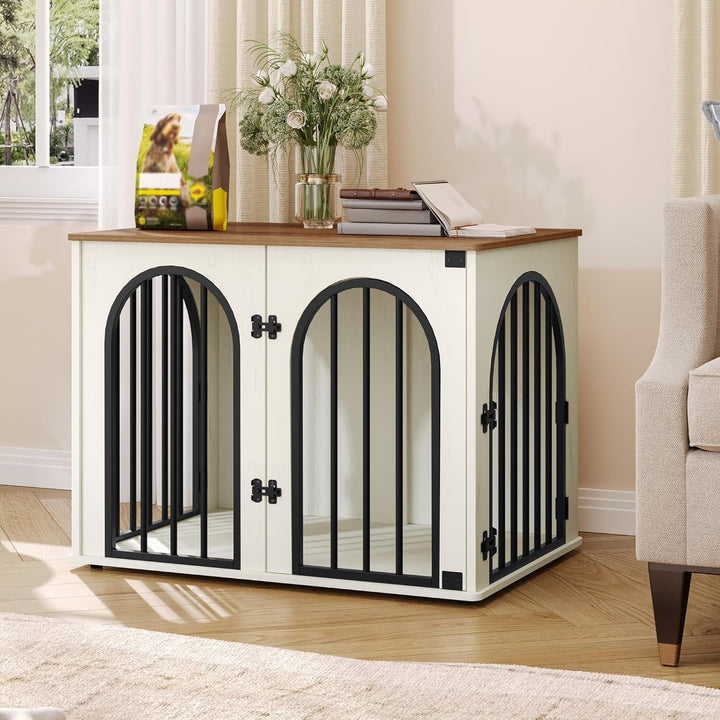 31.5'' Wooden Dog Crate Furniture, Indoor Dog Kennel Dogs Cage for Small/Medium Dogs, Heavy Duty Dog Crates Decorative Pet House End Side Table TV Stand, White Brown DFC85114B