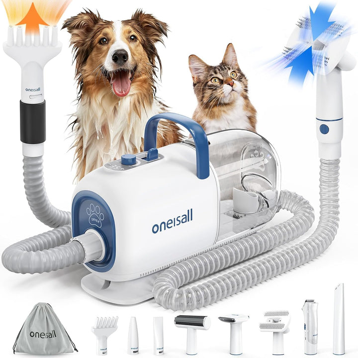 Dog Vacuum & Dryer for Shedding Grooming, 8 in 1 Dog Grooming Kit with Metal Blades Pet Clippers, Adjustable Speed and Temperature Control Blower