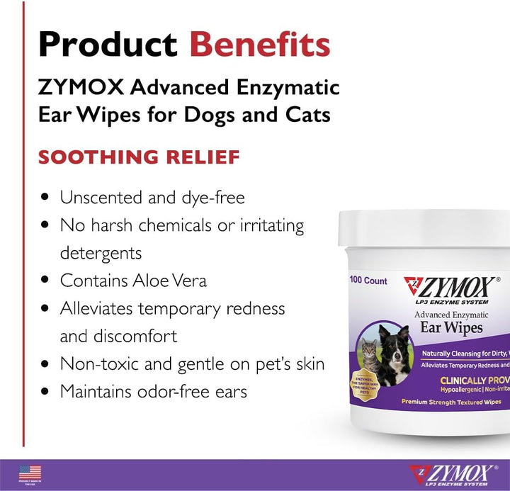 Advanced Enzymatic Ear Wipes for Dogs and Cats - for Dirty, Waxy, Smelly Ears - Premium Strength Ear Cleaner Wipes - Non-Irritating - Hypoallergenic - 100 Ct