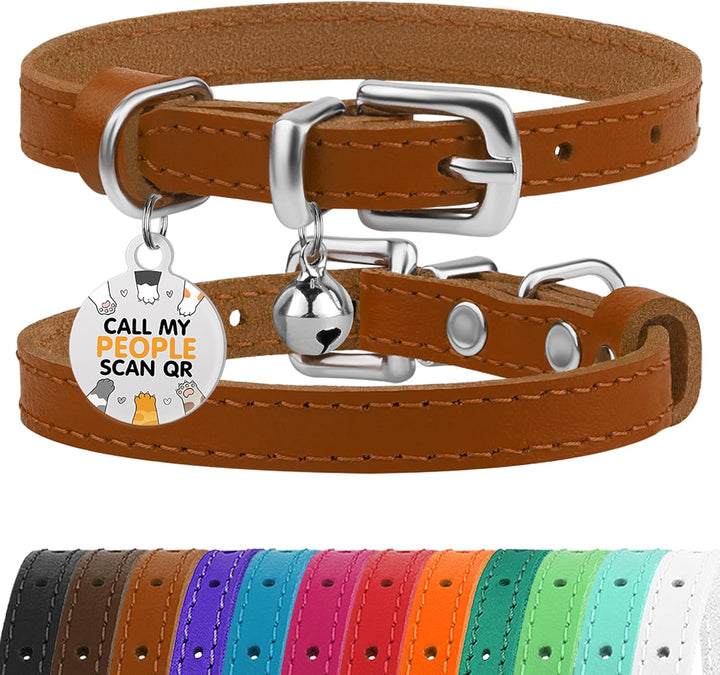 Leather Cat Collar with Removable Bells Non Breakaway Kitten QR Tag for Girl Boy (7" - 9" for Cats, Black & Gold)