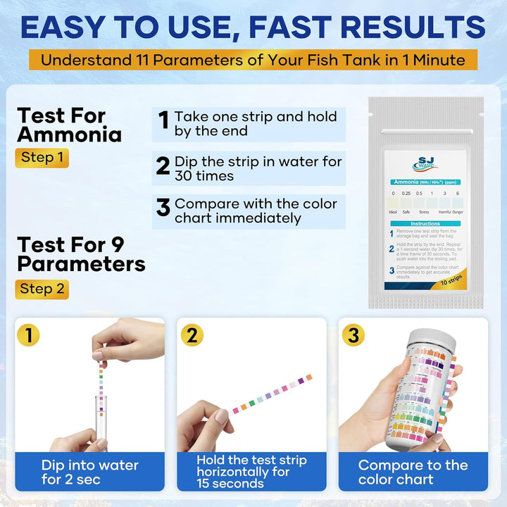 11 in 1 - Aquarium Test Strips | 950 Tests - 150 Strips | Fish Tank Aquariums Water Test Kit & Ebook | Aquarium Thermometer | Fish Tank Water Testing Kit Includes 50 Ammonia Strips | Versatile Usage