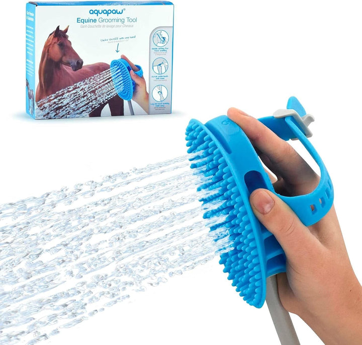 5-In-1 Horse & Dog Bath Brush & Curry Comb - XL Blue Silicone - Includes 3-Ft Shower Hose Attachment & Adapter - Adjustable Spray Scrub Massager - Dog Grooming Supplies