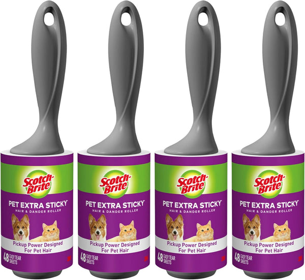 Pet Hair Pickup Extra Sticky Lint Roller, Designed for Removing Fur + Fluff on Couches, Clothes, Dog and Cat Beds, & More, 4 Pack, 192 Easy-Tear Adhesive Sheets Total
