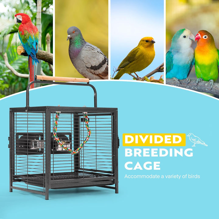 19 Inch Wrought Iron Bird Travel Carrier Cage for Parrots Conures Lovebird Cockatiel Parakeets Black