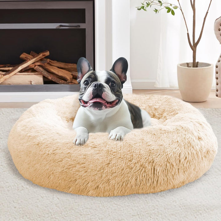 Small Dog & Cat Beds for Indoor Cats, Donut Cuddler Warming Soft Dog Beds with Anti-Slip Bottom, round Calming Fluffy Plush Faux Fur Cushion Bed for Small Medium Dogs (20", Smoke Grey)