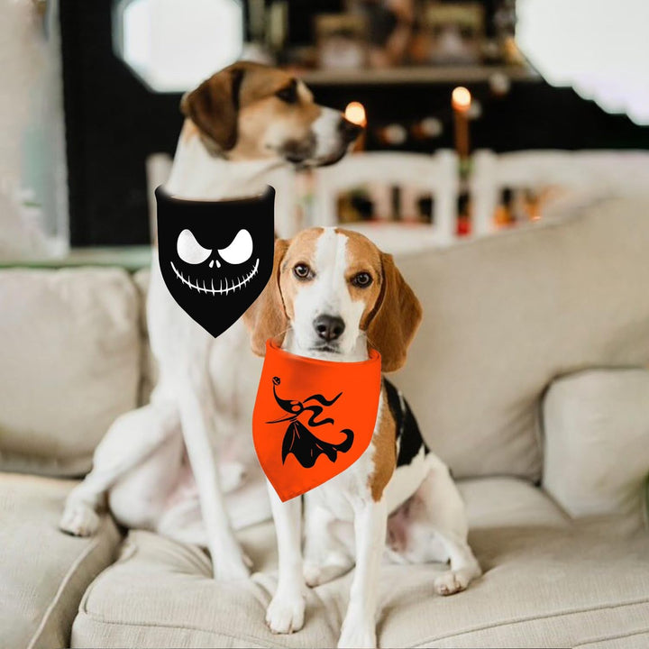Halloween Dog Bandanas 2 Pack, Zero Dog and Jack Face Print Bibs for Boy and Girl, Nightmare before Christmas Triangle Fall Pet Scarf, Premium Durable Fabric, Adjustable Fit (Halloween-1, Large)