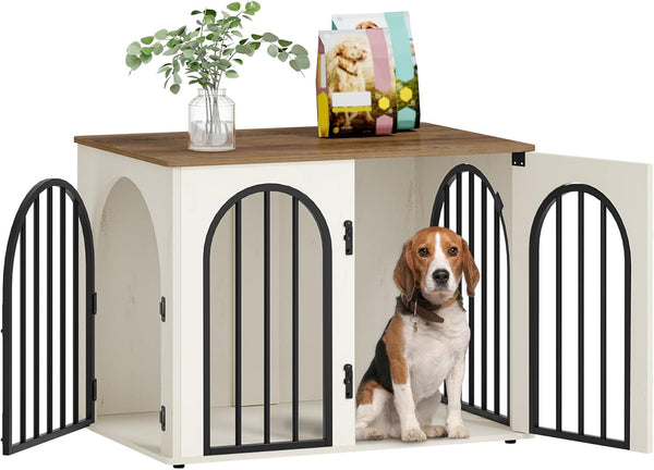 31.5'' Wooden Dog Crate Furniture, Indoor Dog Kennel Dogs Cage for Small/Medium Dogs, Heavy Duty Dog Crates Decorative Pet House End Side Table TV Stand, White Brown DFC85114B