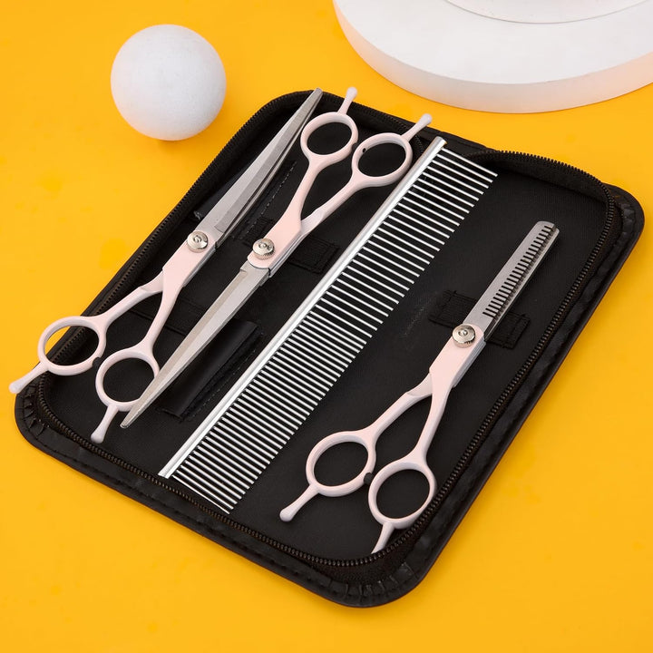 Dog Grooming Scissors Kit,  Professional Dog Trimming Scissors Set, Hair Cutting Curved Thinning Shears for Pet Cat at Home, Pet Grooming Supplies