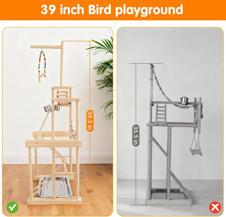 Bird Playground 4 Layer, Parrot Perch Stand Bird Play Stand for Parakeet Conure Cockatiel Lovebird Budgie, Parrot Playground with Feeder Cups, Ladder, Chain Toy, Swing and Detachable Tray