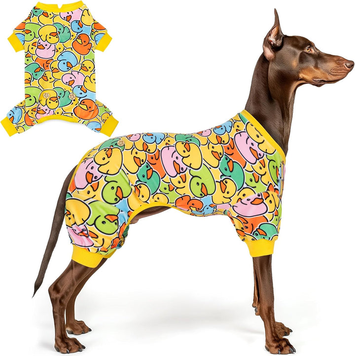 Dog Pajamas Velvet Dog Pajamas Large Sized Dogs Soft Dogs Clothes Pjs with Yellow Ducks Pattern Stretchy Pet Jammies Coat Comfy Pet Onesie Costume, 3X-Large