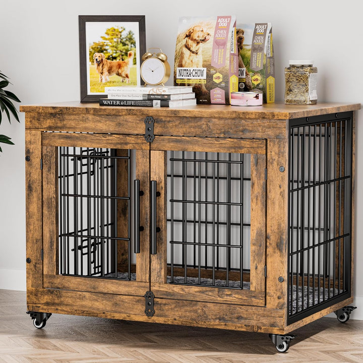 Dog Crate Furniture for Medium Dogs, 32'' Dog Kennel Indoor with Cushion & Wheels Wooden Dog Cage Double Doors Dog Crate End Table, Grey