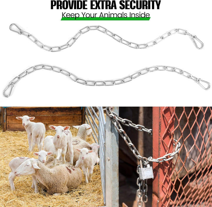 2 Pack Outdoor Gate Chain Lock with 4 Carabiners, Adjustable 5/32 X 28 Inch Security Gate Latch Chain, One Handed Operate Gate Chain for Fence Garden Yard Farm Barn, Silver