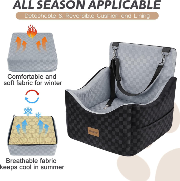 Elevated Dog Car Seat for Small/Medium Dogs up to 35 Lbs, Memory Foam Pet Booster Seat with Detachable Washable Cover, Portable Travel-Safe Bed for Cars with Safety Belts and Storage Pockets