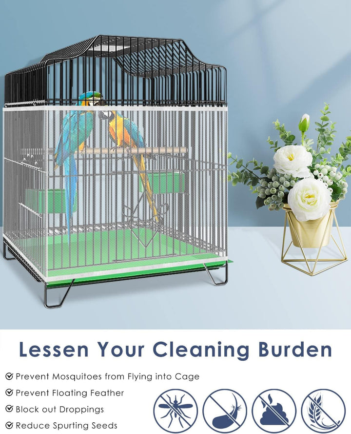 Bird Cage Seed Catcher, Universal Birdcage Net Nylon Adjustable Elastic Band Stretchy Skirts Mesh Cover for Parrot Cage Seed Guard (Not Include Birdcage)- White