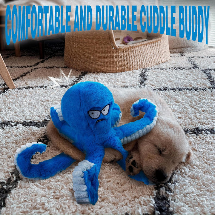 Tough Dog Toys, Stuffed Chew Large Dog Toys to Keep Them Busy, Interactive Squeaky Tug of War Doggie Toy, Crinkle Blue Octopus