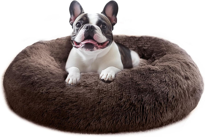 Small Dog & Cat Beds for Indoor Cats, Donut Cuddler Warming Soft Dog Beds with Anti-Slip Bottom, round Calming Fluffy Plush Faux Fur Cushion Bed for Small Medium Dogs (20", Smoke Grey)