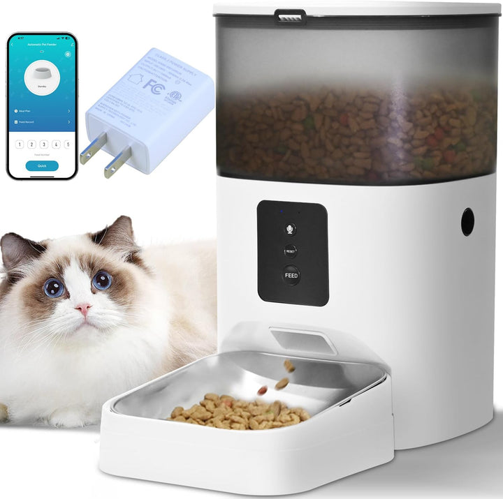 Automatic Cat Feeder, 4L Cat Food Dispenser with 10S Voice Recorder, Pet Feeder up to 8 Meals per Day, Timed Dog Feeder with Dry Food Sealed Ring (White, 4L-Basic)