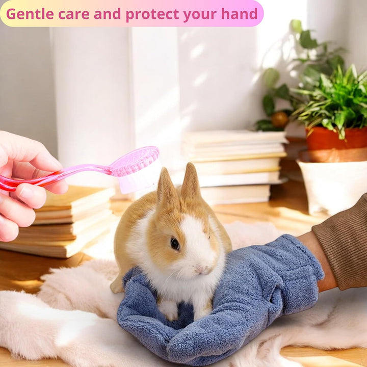 Hamster Calming Bite Proof Gloves and Grooming Brush Set, Hamster Bite Resistant Gloves Massage Brushes, Anti-Bite Glove Grooming Supplies for Small Animals Rabbit Rat Sugar Glider (Pink)