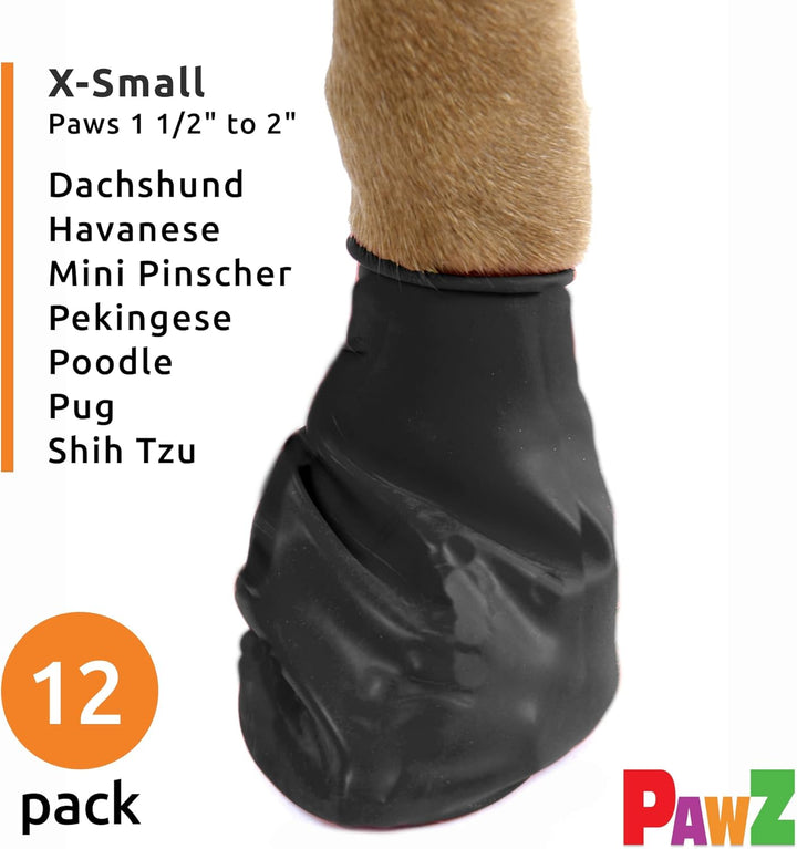 Pawz Rubber Dog Boots for Paws up to 2", 12 Pack - All-Weather Booties for Hot Pavement, Snow, Mud, and Rain - Waterproof, anti Slip Dog Socks - X-Small, Black