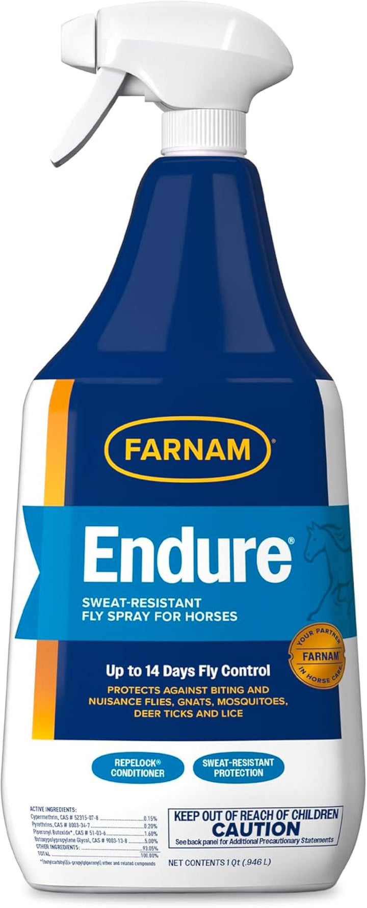 Endure Sweat-Resistant Fly Spray for Horses, Lasts up to 14 Days, Protects against Flies, Gnats, Mosquitoes, Ticks & Lice, 32 Oz.