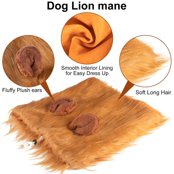 Lion Mane for Dog Costume, Realistic Funny Lion Wig for Medium to Large Sized Dogs, Halloween Fancy Mane (Brown Ear Tail)