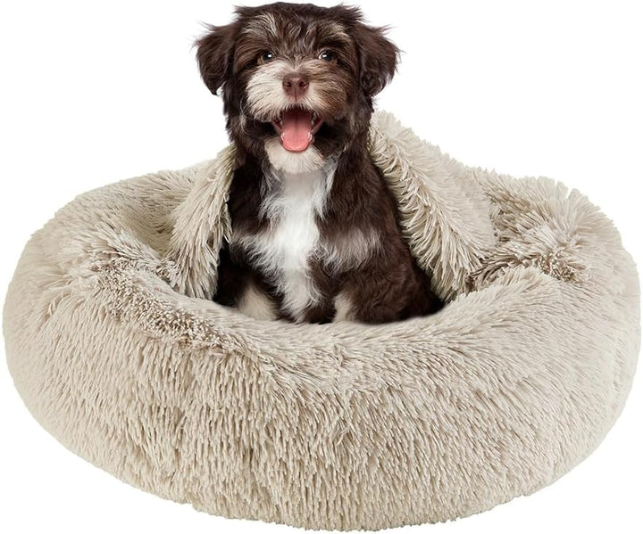Donut Dog Bed Faux Fur Fluffy Calming Sofa for Medium Dogs, Soft & Plush anti Anxiety Pet Couch for Dogs, Machine Washable Coco Pet Bed with Non-Slip Bottom, 30"X30"X7" Ivory