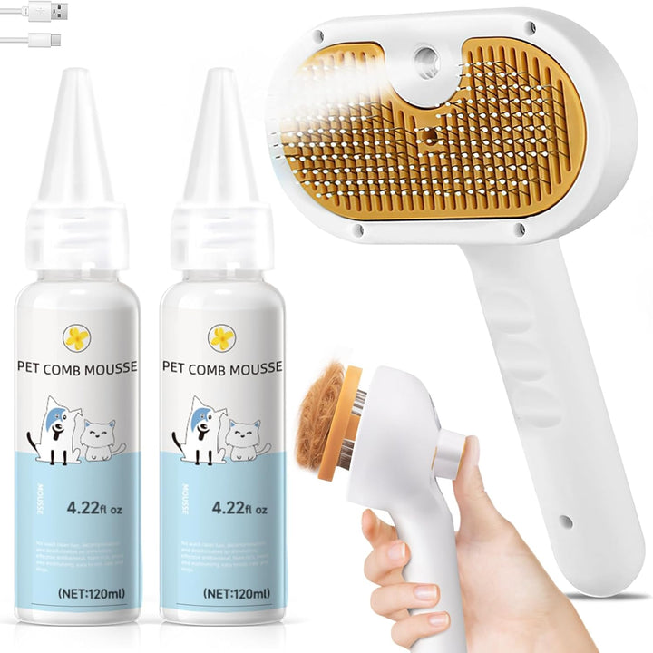 Pet Steam Brush for Dog & Cat – 3-In-1 Spray Hair Removal Comb – Steam for Shedding & Grooming – Water Brush for Long & Short Haired Pets – Spritz Defur Comb – Includes Waterless Shampoo