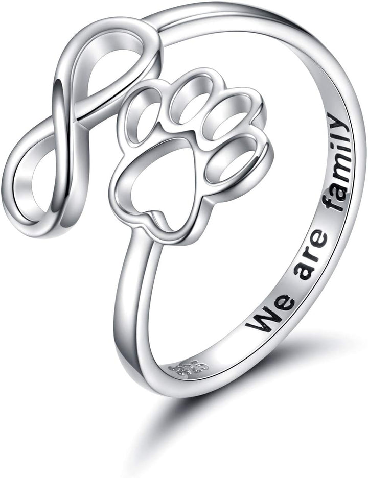 Puppy Lovers Paw Print Heart 925 Sterling Silver Adjustable Ring - Pet Animal Jewelry Creative Pierced Love Dog Cat Claw Ring - Gift for Pet Loving Friends and Families