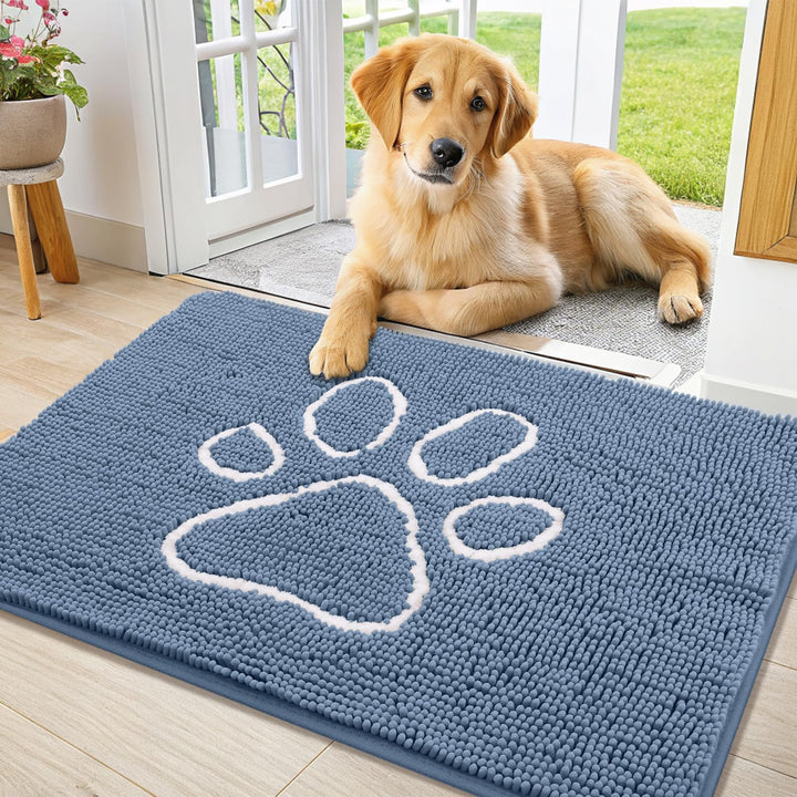 Dog Door Mat for Muddy Paws, Absorbent Dirt Trapper Non Slip Quick Dry Washable Chenille Mat for Mud Dogs, Entry Rug for Indoor and Outdoor (30X20 Inches, Grey)