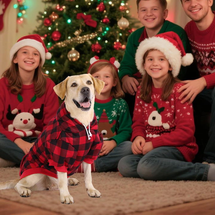 Plaid Dog Hoodie Pet Clothes Sweater with Hat and Pocket for Small Medium Large Size Dogs, Soft Winter Warm Dog Cold Weather Coat, Fleece Fall Dog Hooded Sweatshirt for Puppy Cats, Red XL