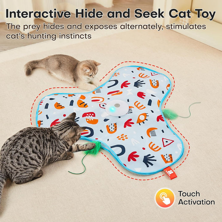 Hide and Seek Interactive Cat Toys, Moving Concealed Wand Feather, Automatic Chargeable Indoor Kitten Exercise Kicker, Mouse Squeaky, Floral Cover