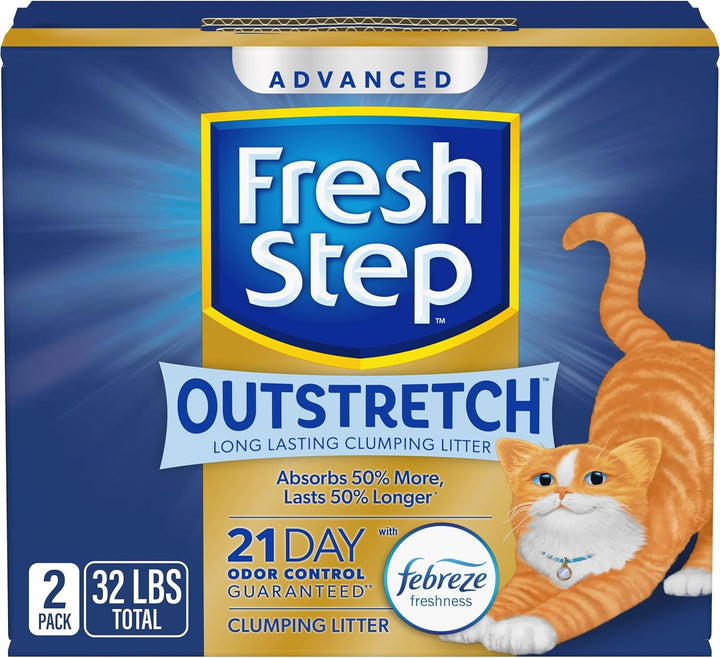 Outstretch Advanced Long Lasting Clumping Litter with Febreze Freshness, Activated Charcoal Litter Lasts 50% Longer, 32 Lbs. (2 X 16 Lb. Box)