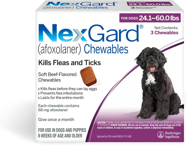 ® (Afoxolaner) Flea and Tick Protection for Dogs Oral Soft Beef Flavored Chewables, 24.1 to 60 Lbs. (Purple Box) 6 Chews (6 Month Supply)
