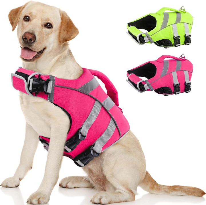 Dog Life Jacket with Reflective Stripes - Adjustable High Visibility Vest, Ripstop Lifesaver, Pet Preserver with High Flotation Swimsuit for Small, Medium and Large Dogs