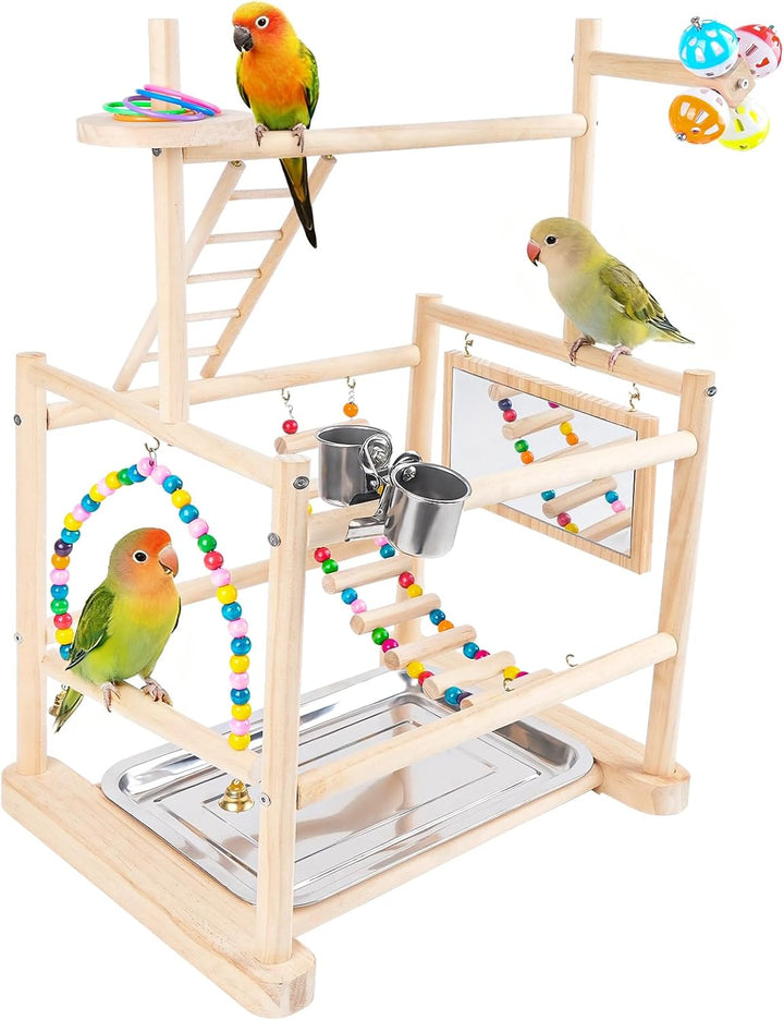 Bird Playground 4 Layer, Parrot Perch Stand Bird Play Stand for Parakeet Conure Cockatiel Lovebird Budgie, Parrot Playground with Feeder Cups, Ladder, Chain Toy, Swing and Detachable Tray