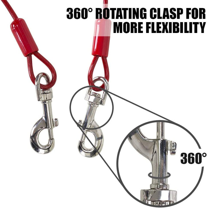 Dog Tie Out Cable 30 Feet - Heavy Duty Dog Lead up to 125 Pounds - Reflective & Rust-Free with Quick Release Swivel Clips & 360° Rotating Clasp - Tangle-Free Dogs Runner for Yard (Red, Single)