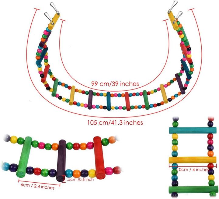Bird Ladder Toys Coloured Flexible Parrot Swing Bridge Wooden Cockatiel Cage Hanging Climbing Ladder (39 in (16 Steps))