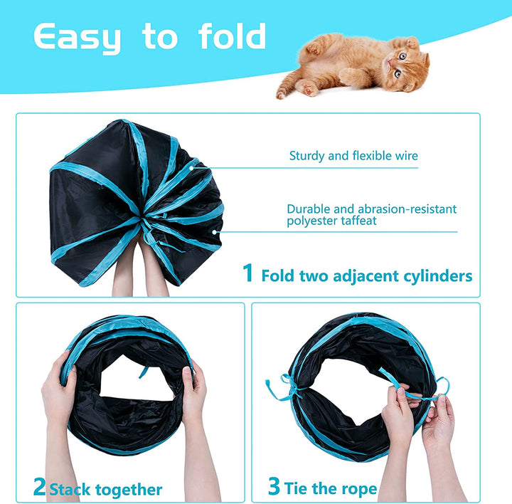 Cat Tunnel, S-2-Way Cat Tunnels for Indoor Cats, Collapsible Cat Play Tunnel, Interactive Toy Maze Cat House with 1 Play Ball for Cats, Puppy, Kitty, Kitten, Rabbit (Blue & Black)