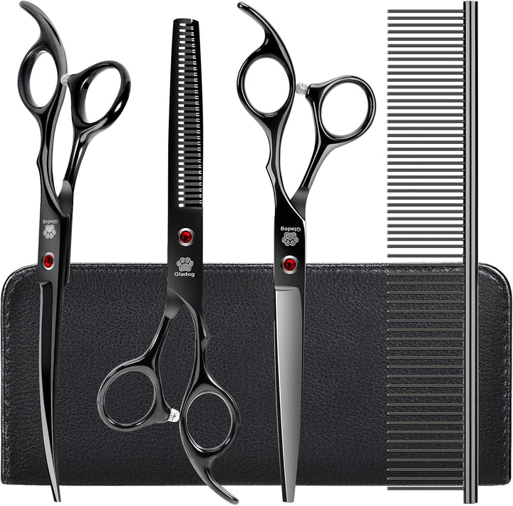 Professional 5 in 1 Dog Grooming Scissors Set with Safety round Tips, Sharp and Heavy-Duty Pet Grooming Shears for Cats