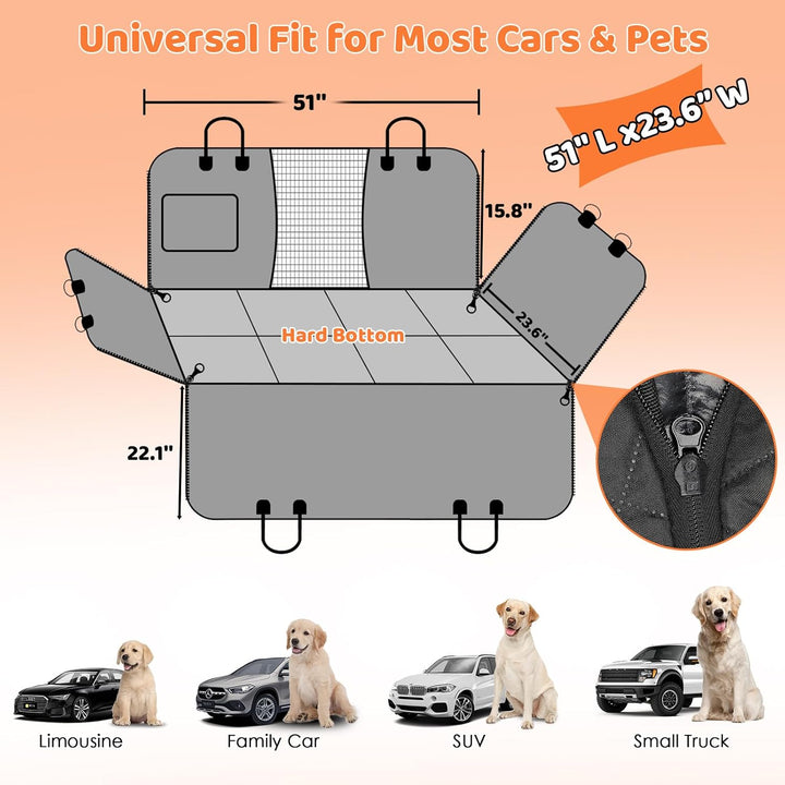 Backseat Extender for Dogs - Hard Bottom Dog Car Seat Cover for Back Seat, Foldable Dog Hammock for Car, SUV, and Truck, Pet Rear Seat Protector Dogs Travel Bed with Mesh Window & Side Flaps