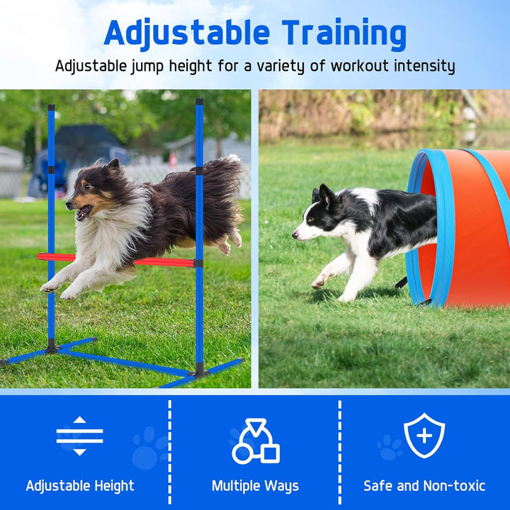 Dog Agility Course Backyard Set Dog Agility Equipment Obstacle Course Backyard Includes Adjustable High Hurdle,6 Weave Poles,Extended Tunnel,Jump Ring,Square Pause Box,2 Balls,Whistle,2 Carrying Bags