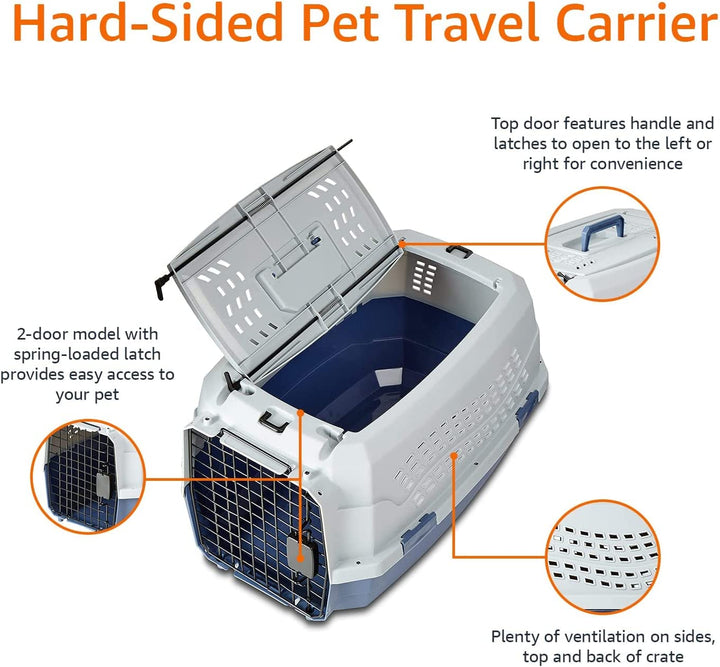 2-Door Top-Load Hard-Sided Dogs, Cats Pet Travel Carrier, Gray & Blue, 22.8"L X 15.0"W X 13.0"H