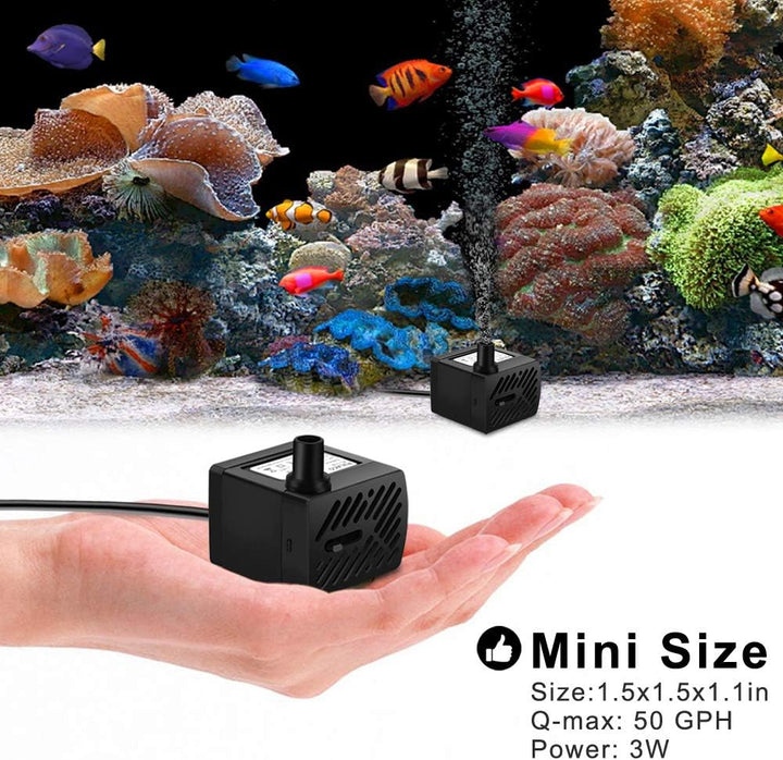 50GPH 3W Mini Submersible Water Pump for Aquariums, Fish Tank, Pond, Fountain, Hydroponics
